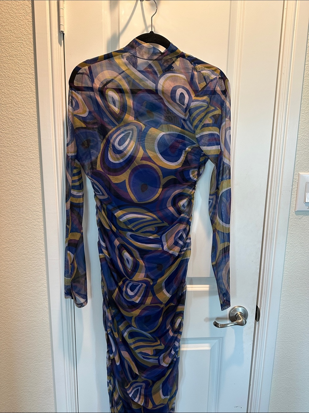 AKIRA Blue & Gold Abstract Sheer Long Sleeve Midi Dress